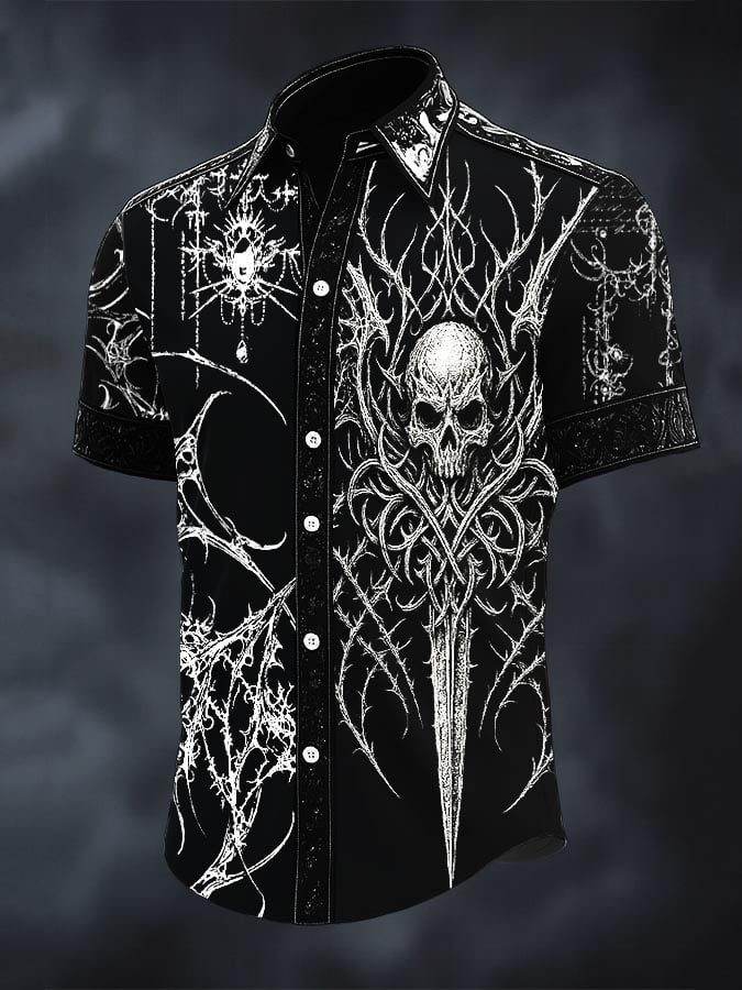 Men's Retro Western Gothic Skull Print Short Sleeve Shirt