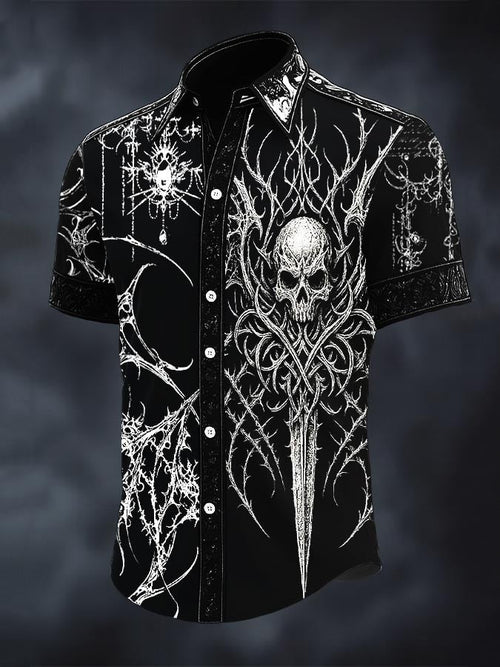 Men's Retro Western Gothic Skull Print Short Sleeve Shirt