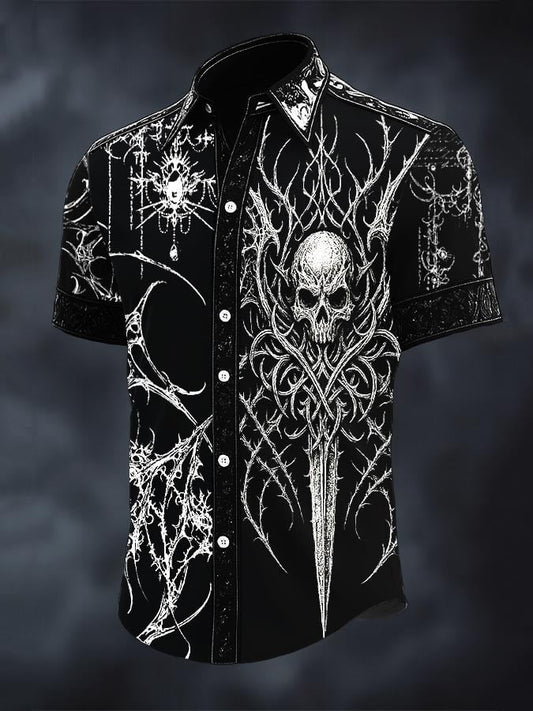 Men's Retro Western Gothic Skull Print Short Sleeve Shirt
