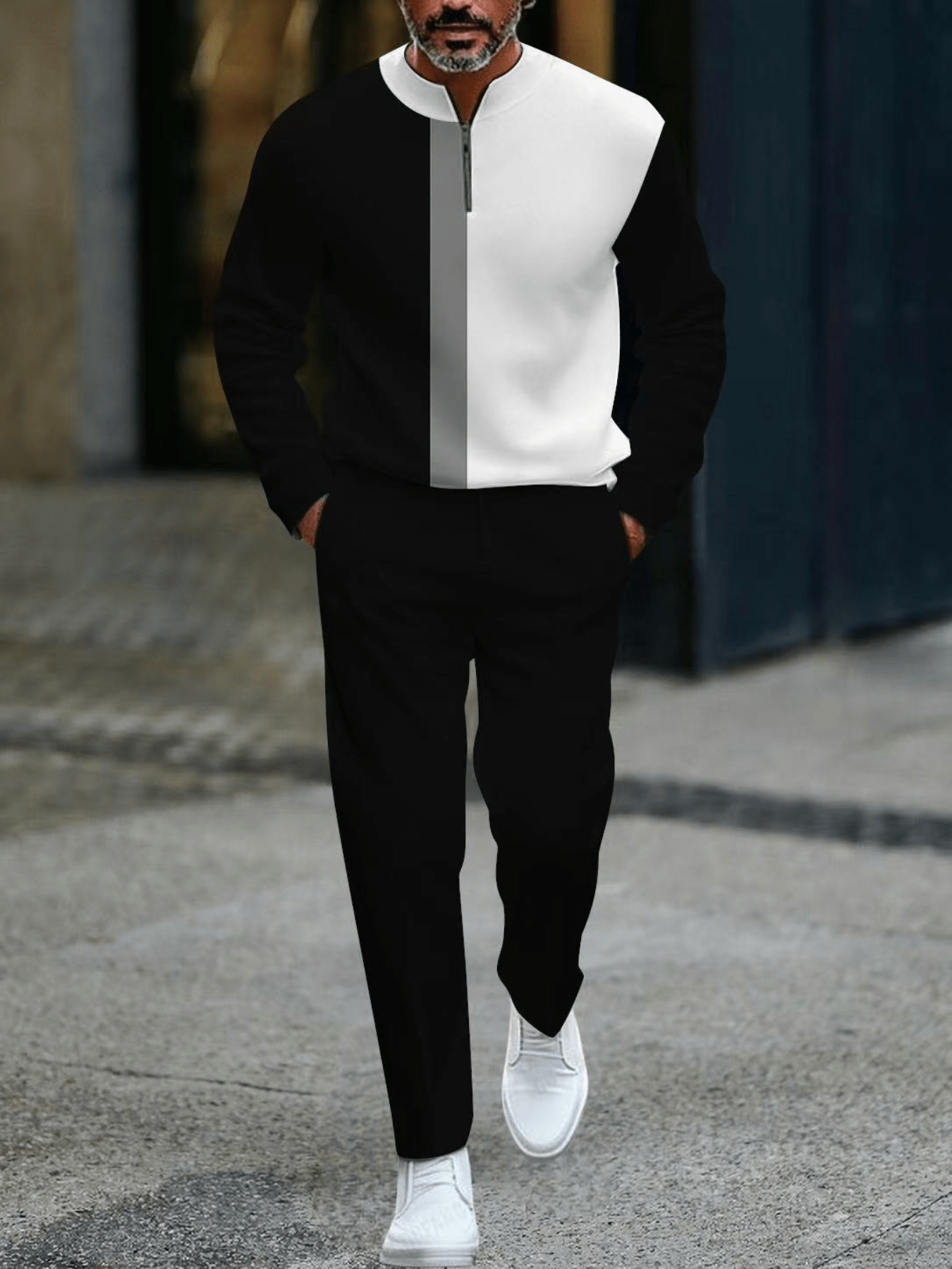 Men's Casual Color Matching Printed Round-Neck Zipper Long Sleeved Trousers Two-Piece Set