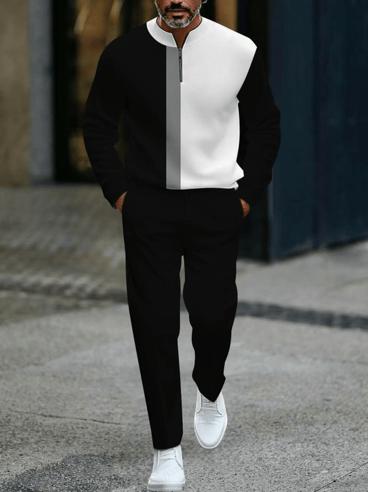 Men's Casual Color Matching Printed Round-Neck Zipper Long Sleeved Trousers Two-Piece Set