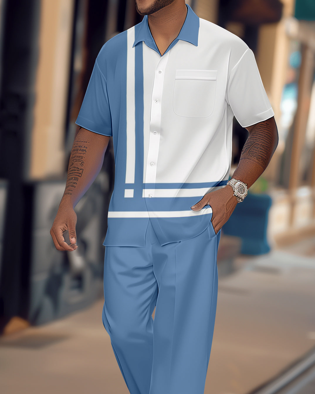 Men's Gorgeous Blue Short Sleeve Shirt Walking Suit 1078