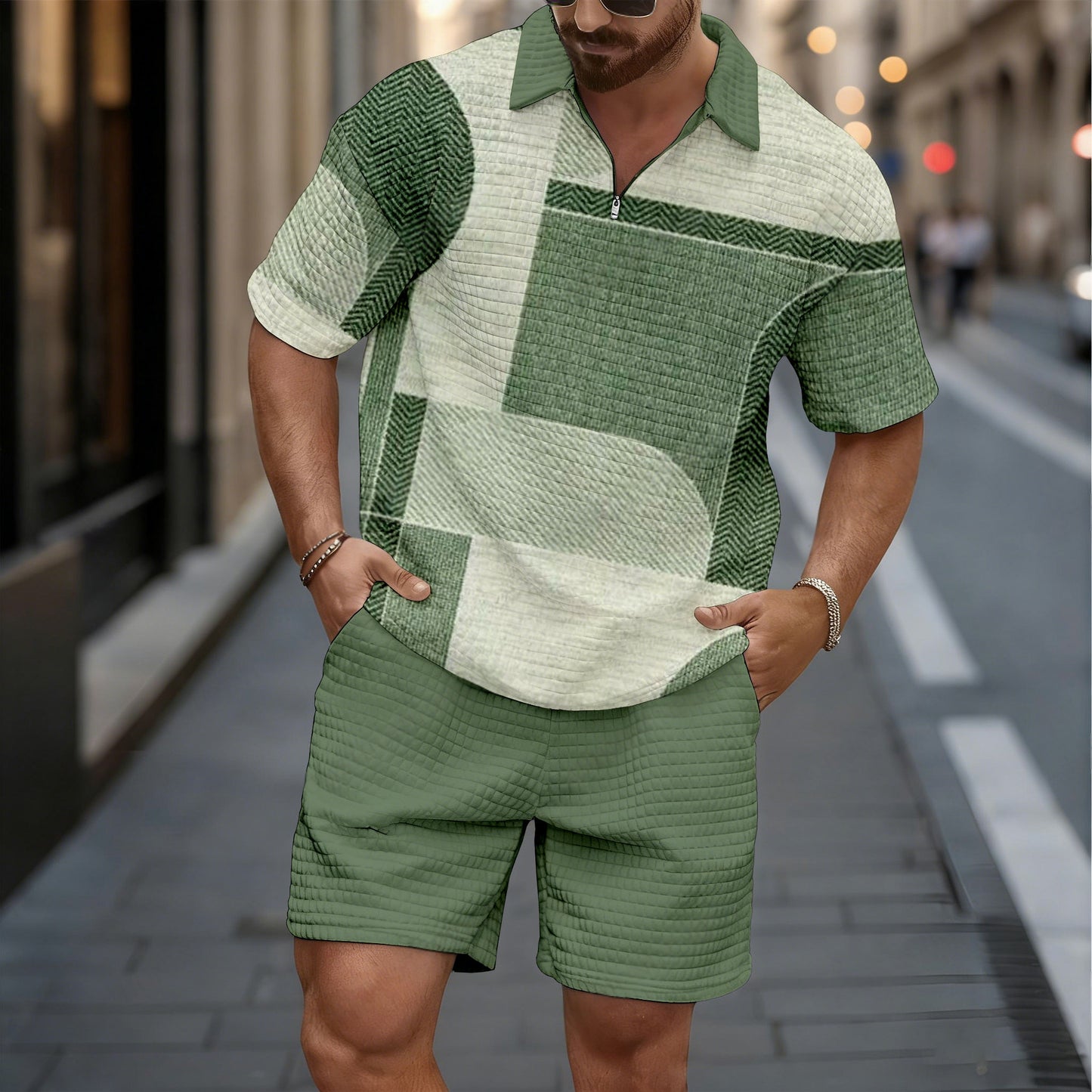 Men's Casual Multi Green Checkered Pattern Short-Sleeved Shirt And Shorts Two-Piece Set