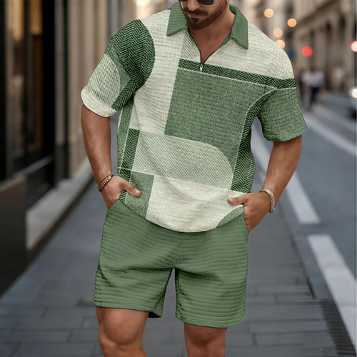 Men's Casual Multi Green Checkered Pattern Short-Sleeved Shirt And Shorts Two-Piece Set