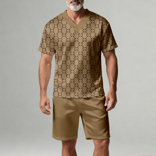 Men's Casual Geometric Print V-Neck Short-Sleeve T-Shirt And Shorts Two-Piece Set