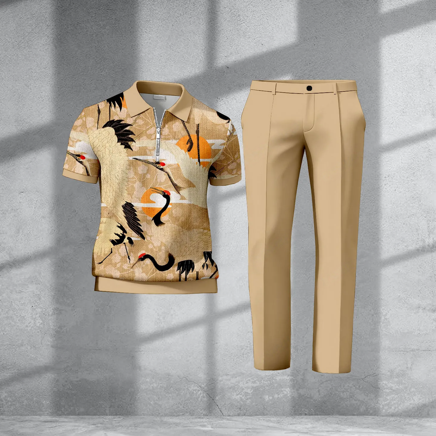 Men's Casual Khaki Printed Half-Zip Short-Sleeve T-Shirt And Pants Two-Piece Set