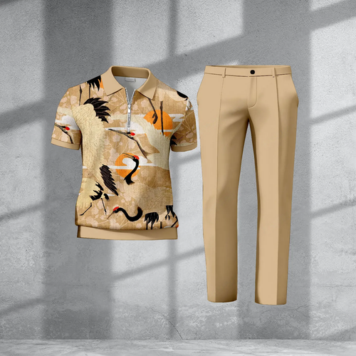 Men's Casual Khaki Printed Half-Zip Short-Sleeve T-Shirt And Pants Two-Piece Set