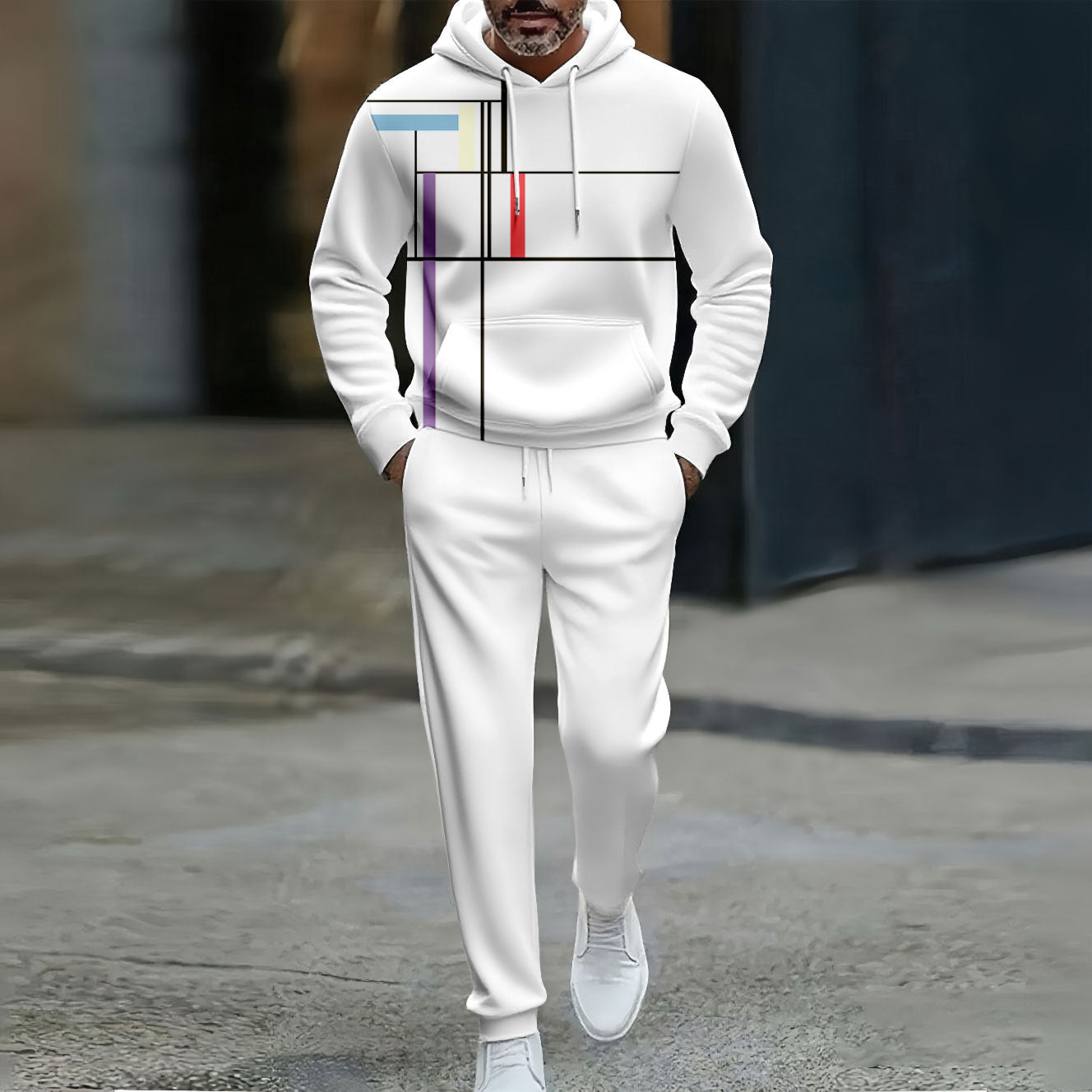 Men's Casual Color Matching Geometric Asymmetric Printed Hooded Long Sleeved Trousers White Two-Piece Set