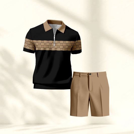 Men's Casual Black & Brown Plaid Printed Polo Shirt And Pants Two-Piece Set