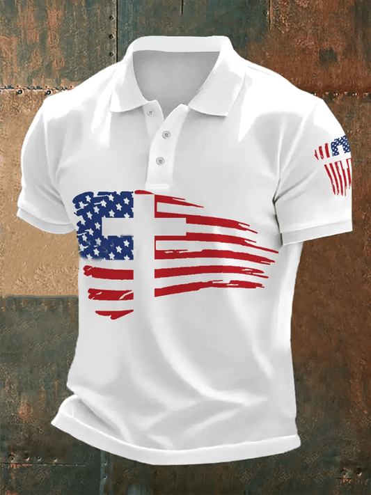 Men's Faith Cross America Flag Printed Short Sleeve POLO T-shirt