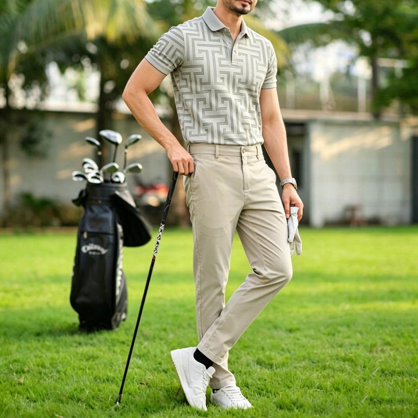 Men's Casual Light Gray Printed Polo Shirt And Pants Two-Piece Set