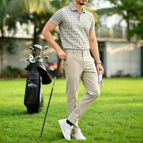 Men's Casual Light Gray Printed Polo Shirt And Pants Two-Piece Set