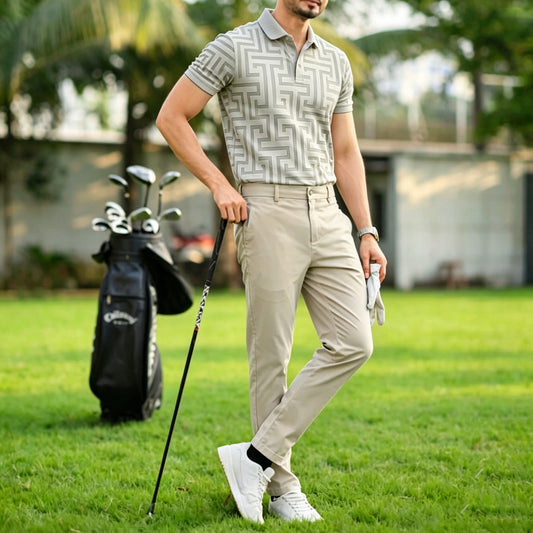 Men's Casual Light Gray Printed Polo Shirt And Pants Two-Piece Set