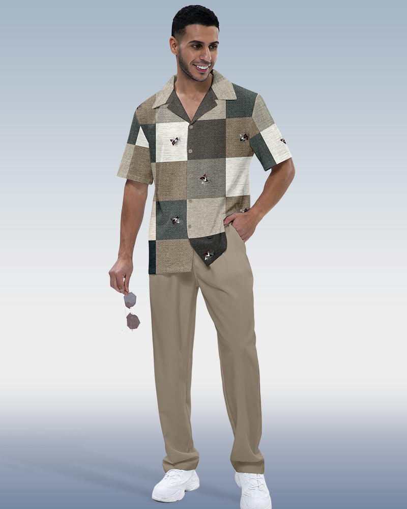 Men's plaid printed short-sleeved shirt walking suit 881