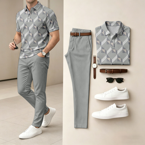 Men's casual diamond patterned printed polo shirt and pants two-piece set