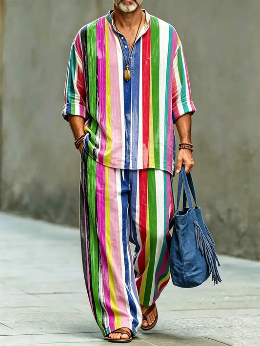 Men's Stylish Abstract Art Print Cotton Shirt Set