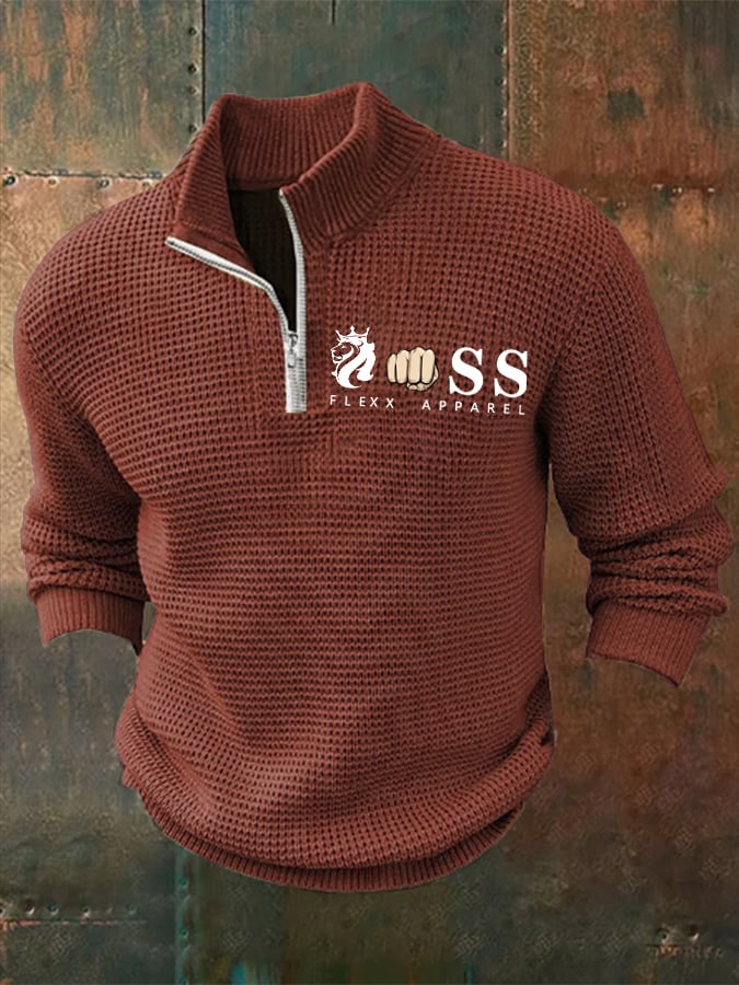 Men's Retro Letter Design Printed Zipper Collar Jacquard Knitted Sweatshirt