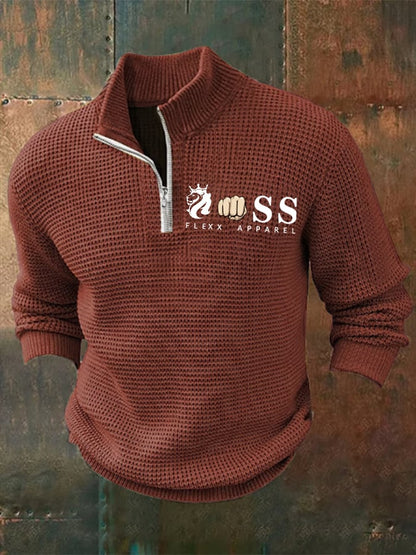 Men's Retro Letter Design Printed Zipper Collar Jacquard Knitted Sweatshirt
