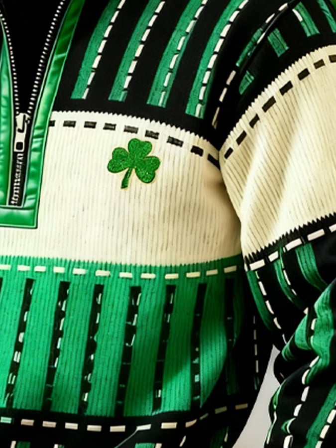 (Detachable Shamrock Brooch Included) Men's Casual St. Patrick's Day Color-Block Half-Zip Stand-Collar Long-Sleeved Sweatshirt