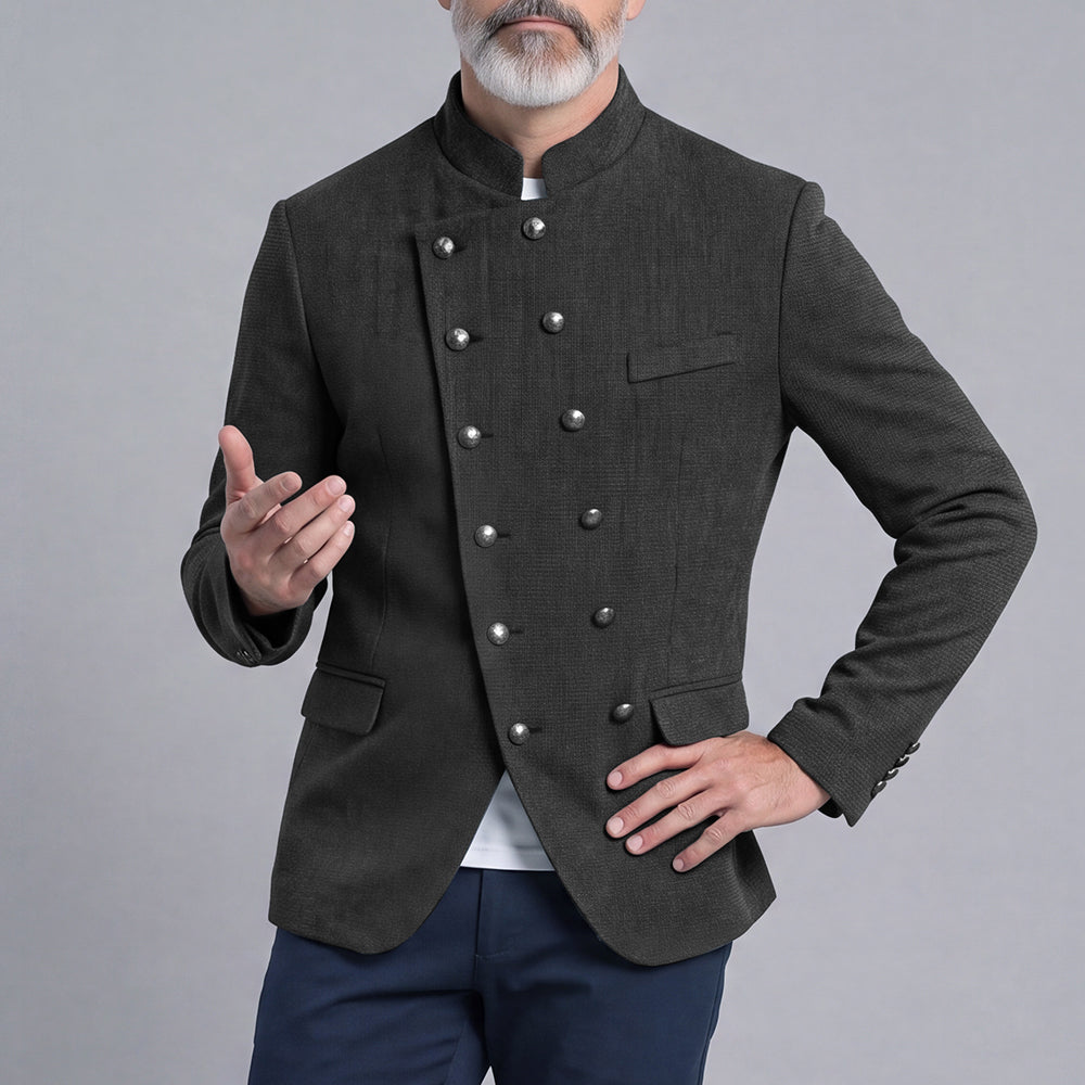 Men's Double-Breasted Slim-Fit Stand-Up Collar Suit with Diagonal Placket
