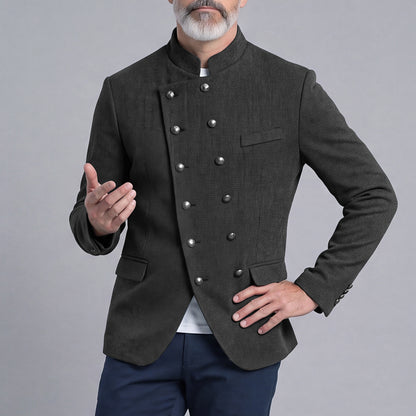 Men's Double-Breasted Slim-Fit Stand-Up Collar Suit with Diagonal Placket