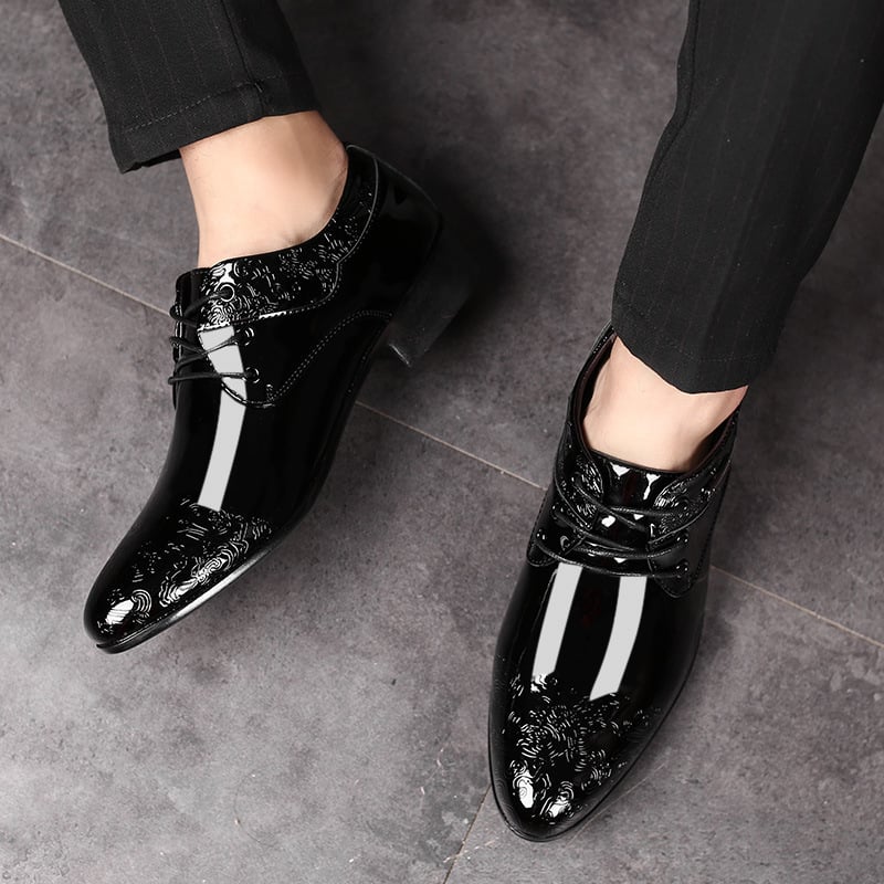 Men's Business Formal Casual Pointed Toe Carved Slip-on Patant Faux Leather Shoes