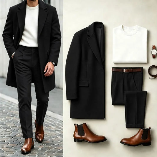 Men's Two-Tone Suit Set: Black coat, white knit sweater, and black dress pants