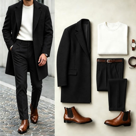 Men's Two-Tone Suit Set: Black coat, white knit sweater, and black dress pants