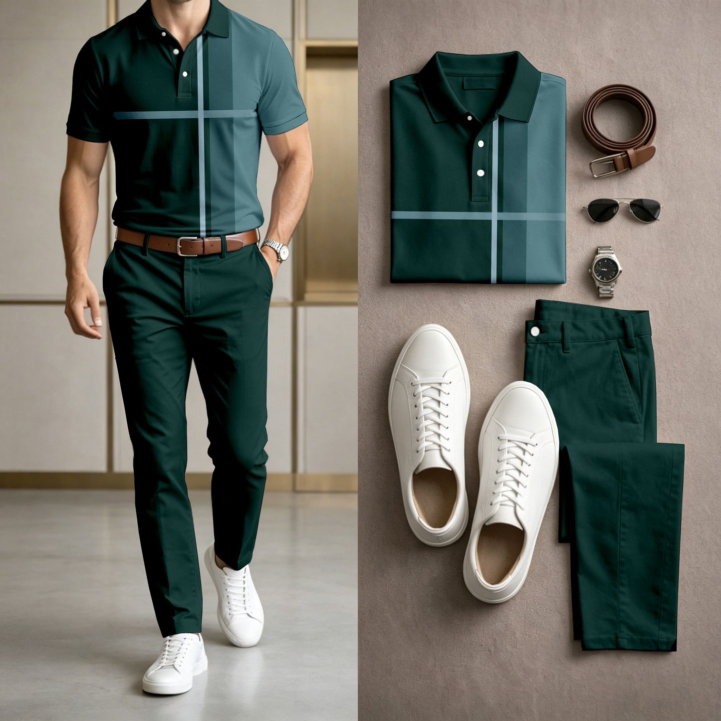 Men's Casual Dark Green Geometric Printed Polo Shirt And Pants Two-Piece Set