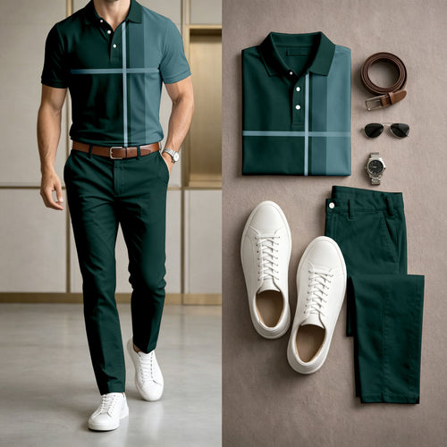 Men's Casual Dark Green Geometric Printed Polo Shirt And Pants Two-Piece Set