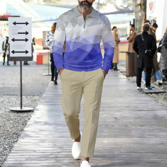 Men's Casual Color Matching Printed Polo-Collar Zipper Long Sleeved Trousers Two-Piece Set