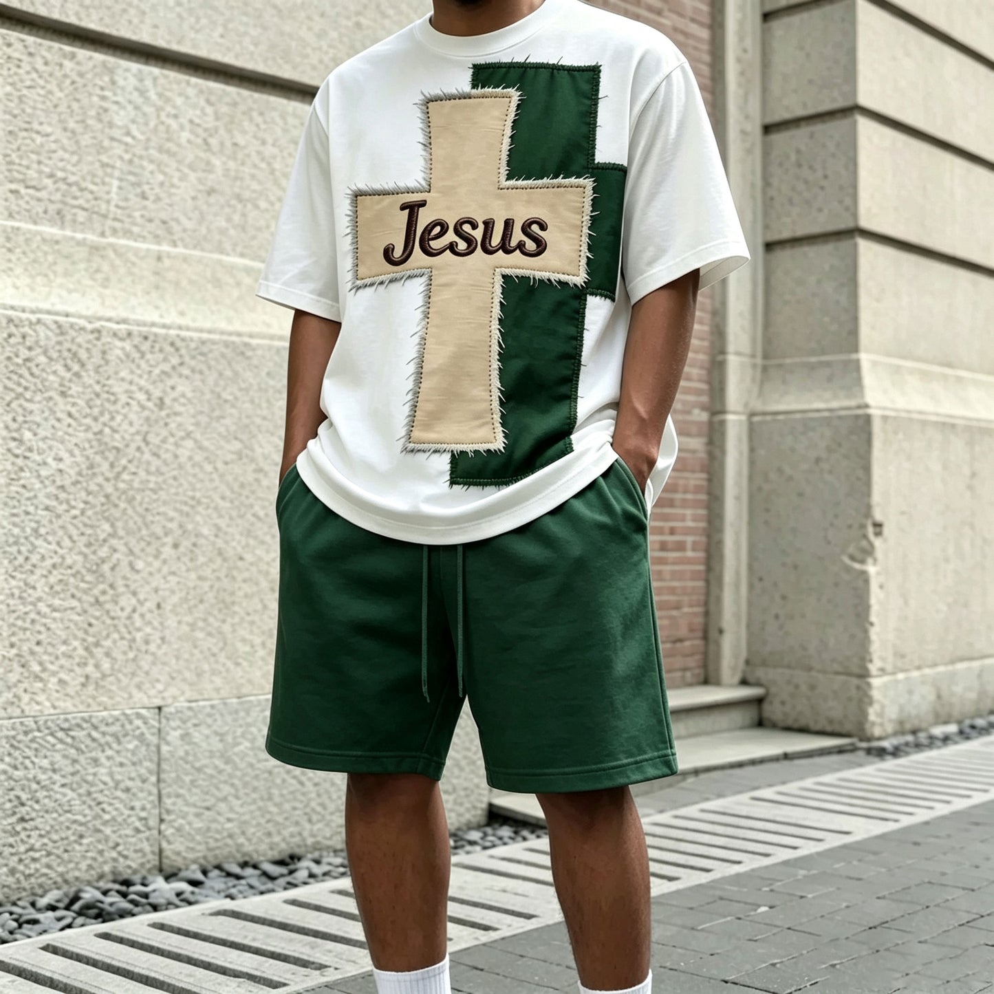 Men's Casual Two-Piece Set: Double-Layer Patchwork Cross-Print Round-Neck Short-Sleeve T-Shirt and Shorts