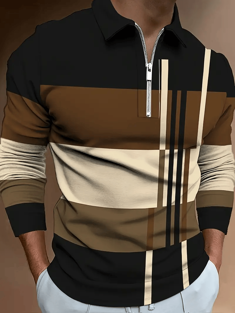 Men's Trendy Business Striped Zipper Polo Shirt