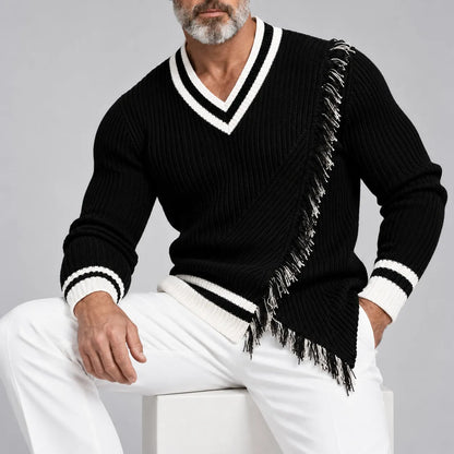 Men's Black V Neck Contrast Trim Fringe Asymmetrical Hem Ribbed Knit Sweater