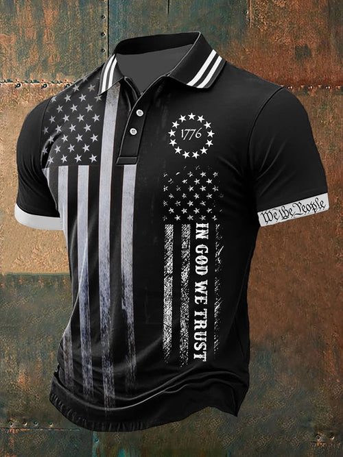 Men's Vintage Flag In God We Trust Print Polo Shirt