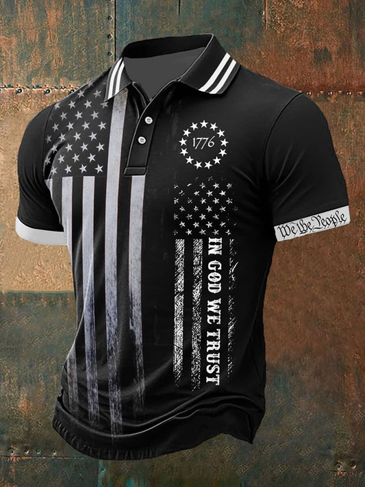 Men's Vintage Flag In God We Trust Print Polo Shirt