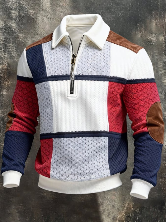 Men's Retro Color Block Print Zipper Sweatshirt
