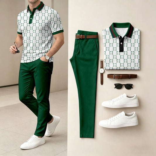 Men's Green Printed Short-Sleeve Polo Shirt and Pants Two-Piece Set