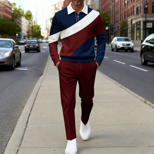 Men's Casual Red & Blue Color Matching Geometric Printed Polo-Collar Zipper Long Sleeved Trousers Two-Piece Set