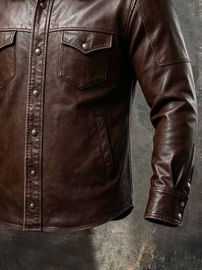 Men'S Vintage-Style Leather Western Shirt With Dual Pockets And Detachable Fur Collar