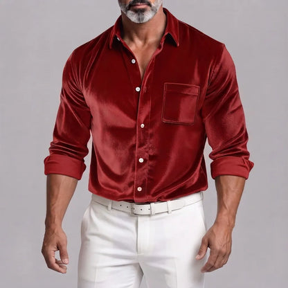 Men's Velvet Solid Color Button-Down Chest Pocket Long Sleeve Shirt