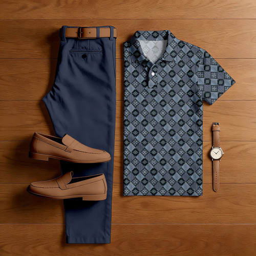 Men's Casual Navy Blue Color Matching Retro Floral Printed Short Sleeved Polo Shirt & Trousers Two-Piece Set