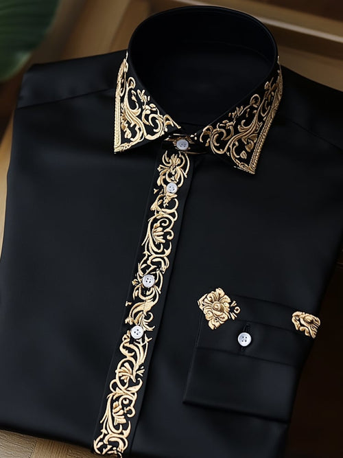 Men's Business Black Luxury Gold Floral Long Sleeve Shirt