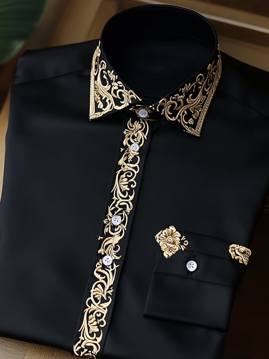 Men's Business Black Luxury Gold Floral Long Sleeve Shirt
