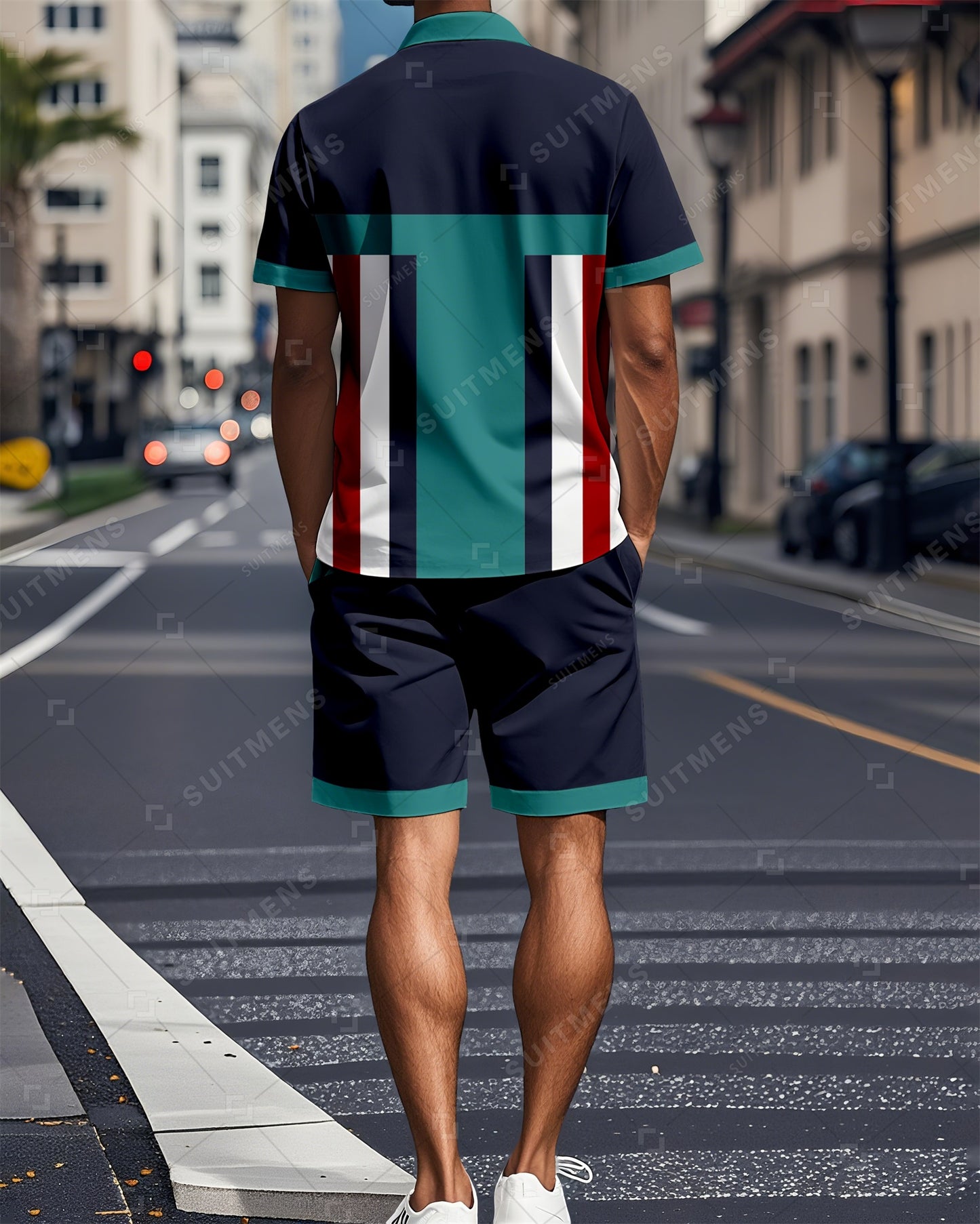 Men's Color Blocked Summer Polo Shorts Set 011