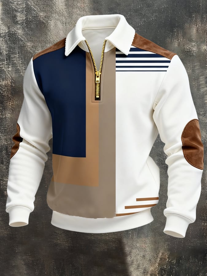 Men's Retro Color Block Print Zipper Sweatshirt
