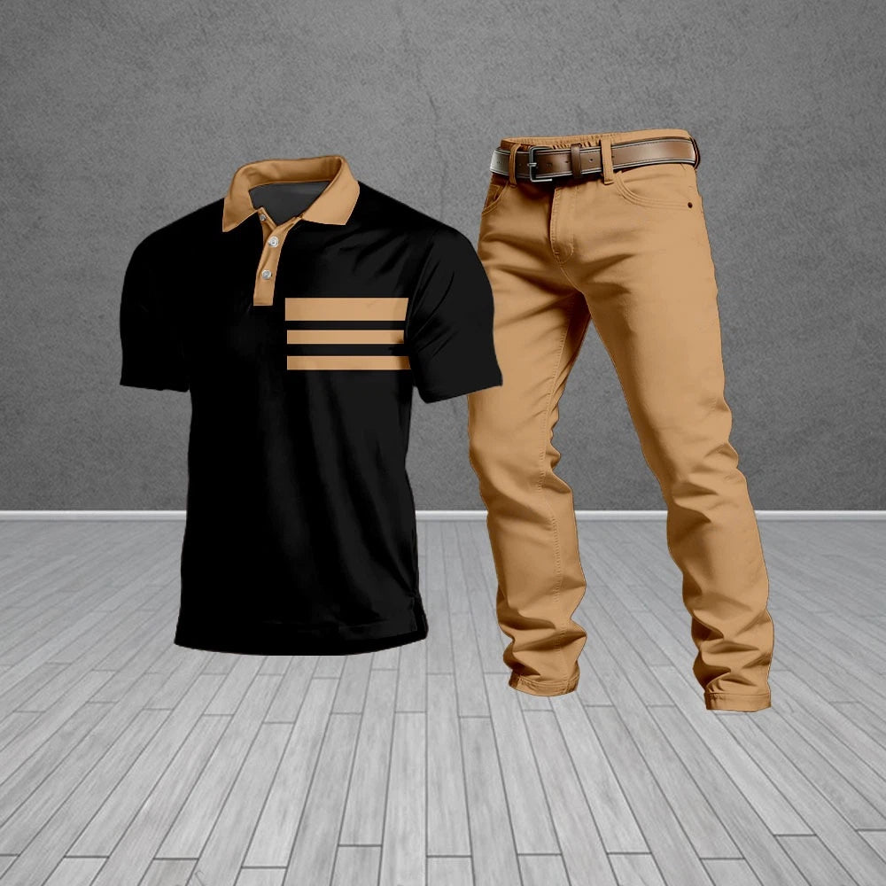 Men's Casual Black & Brown Patterned Short-Sleeved Polo Shirt And Trousers Two-Piece Set