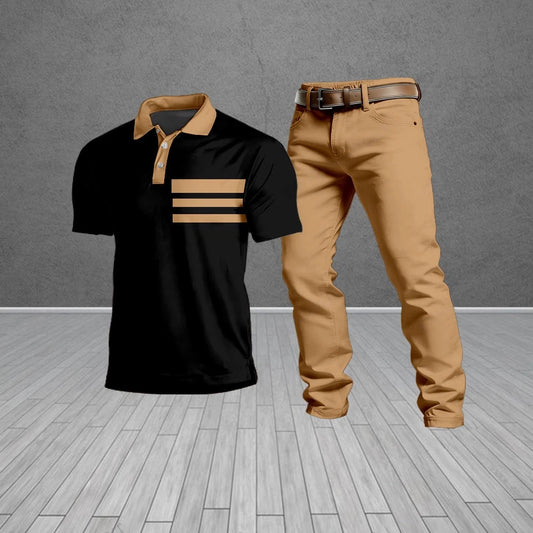 Men's Casual Black & Brown Patterned Short-Sleeved Polo Shirt And Trousers Two-Piece Set