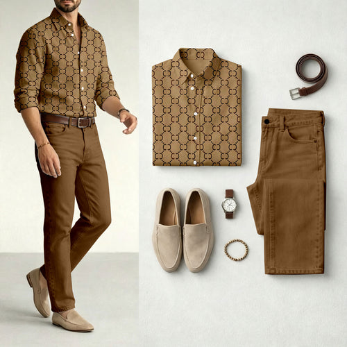 Men's Brown Long-Sleeve Shirt and Jeans Set