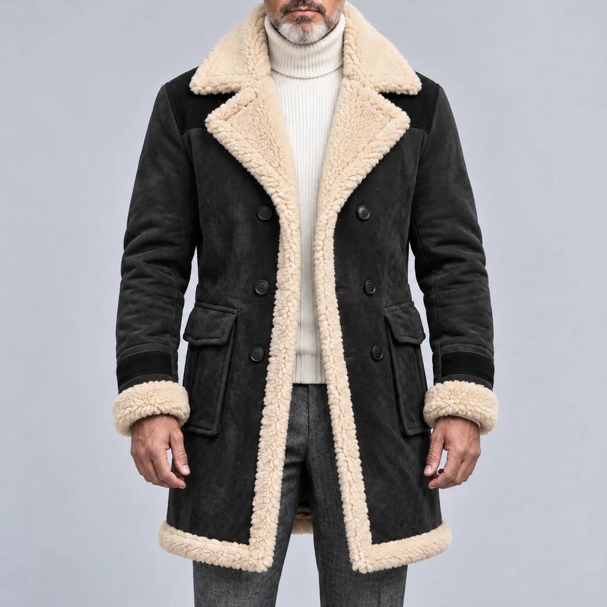 Men's Suede Contrast Color Sherpa Lined Lapel Collar Flap Pocket Double-Breasted Trench Coat